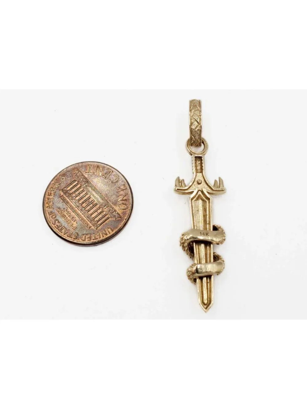 Decorative Dagger & Serpent Snake Pendant 14k Gold
